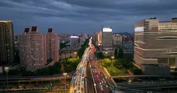 杭州城市交通中河高架环城北路夕阳航拍