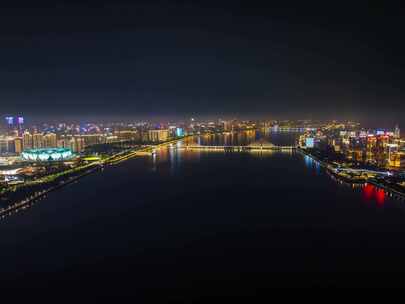 浙江杭州钱塘江夜景航拍延时灯光璀璨两岸