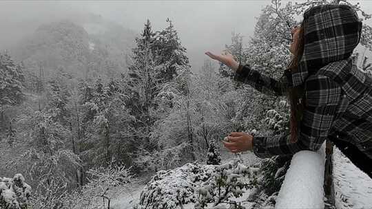 一个在雪天欣赏森林景色的女人