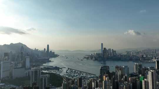 香港大景航拍维多利亚港太平山日落海湾风光