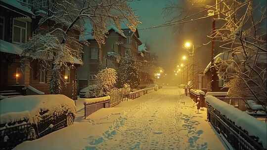 下雪的城市雪景夜晚夜景浪漫孤独意境街道唯