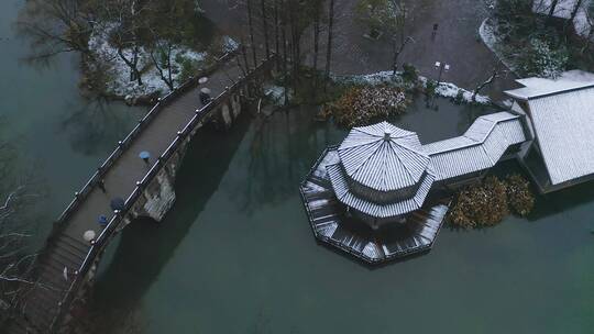 杭州西湖茅家埠景区航拍雪景