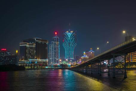 澳门城市地标新葡京嘉乐庇大桥夜景延时8K