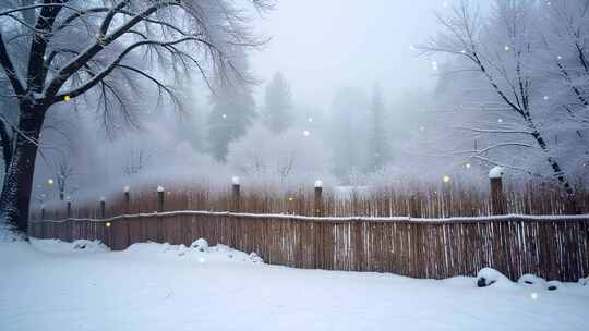 冬天户外篱笆雪景4k舞台粒子活动背景