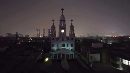 河南安阳夜景老教堂航拍景点老街唯美古建筑视频素材模板下载