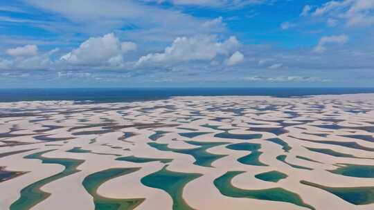 在巴西东北部的一个天堂里，无人机在绿松石泻湖上空侧身飞行高清在线视频素材下载