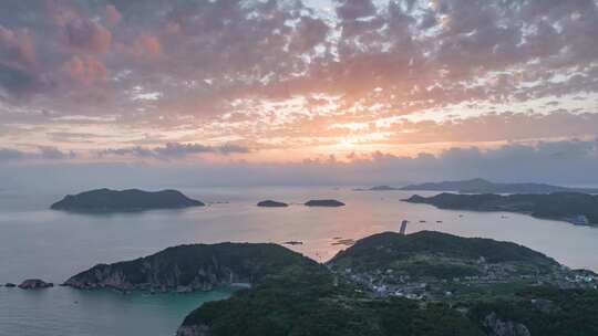 航拍温州半屏岛渔村日落风光