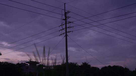 仰拍紫色天空，电线杆