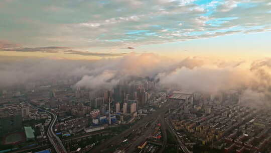 辽宁沈阳城市日出云海航拍