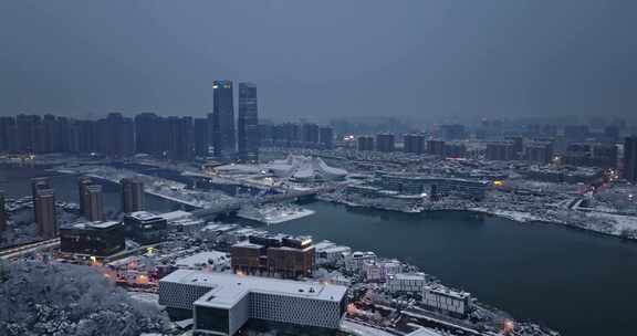 4k长沙梅溪湖雪后夜景航拍