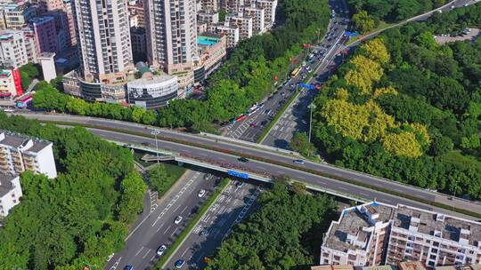 深圳福田福华立交皇岗路车辆交通航拍下降