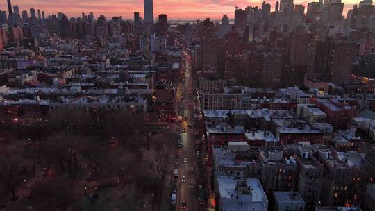 航拍纽约曼哈顿摩天大楼汽车日落夜景灯光