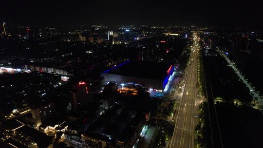 浙江绍兴柯桥古镇景区夜景灯光秀航拍