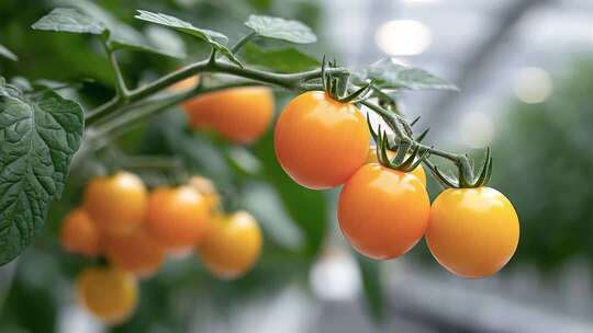 科技赋能：现代化农业大棚内金色番茄生长