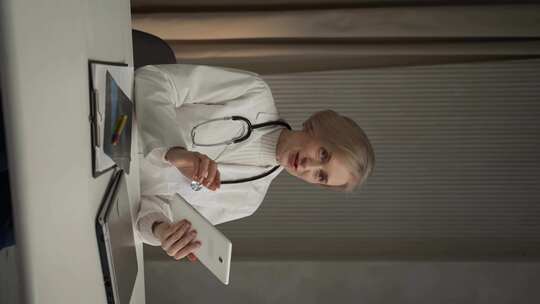 专业女医生在医务室查看平板电脑上的患者记