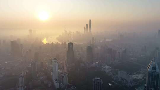 上海日出晨雾 陆家嘴日出 上海地标