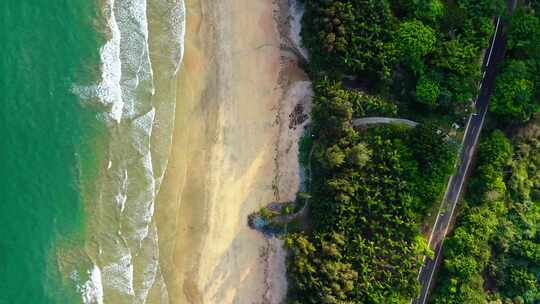 4K航拍海南博鳌红石滩海边椰林公路