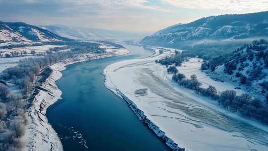 4K冬天雪山湖泊河流大雪冬日暖阳