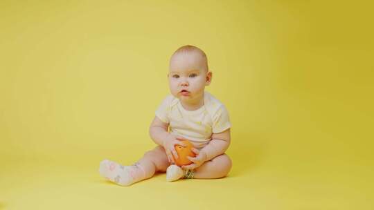 美丽的女婴抱着橙色坐在黄色背景的工作室里