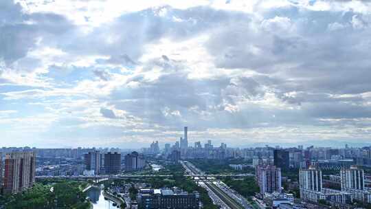 中国北京夏季国贸CBD城市天际线大气流云