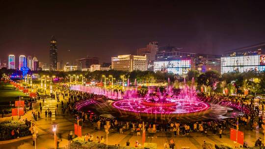 山东济南泉城广场喷泉夜景视频素材模板下载