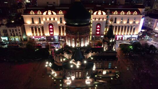 哈尔滨圣索菲亚大教堂广场夜景航拍视频素材模板下载