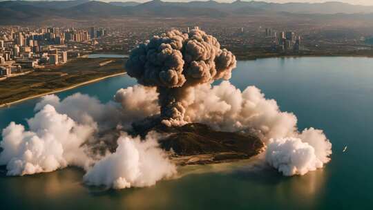 城市旁岛屿火山爆发景象