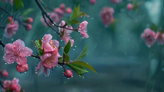 春天雨中桃花特写