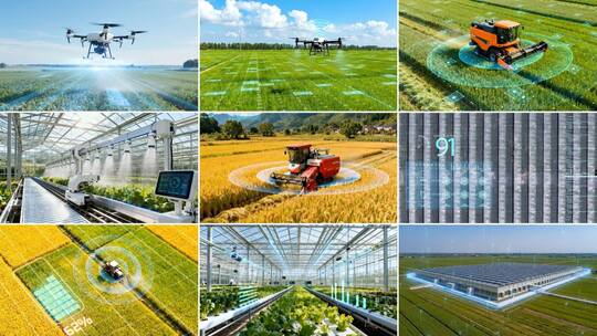 智慧农业科技农业温室大棚喷洒农药收割水稻高清在线视频素材下载