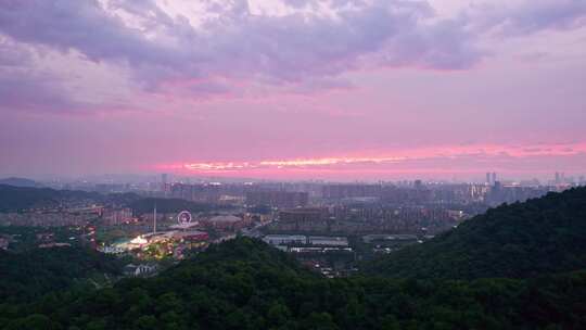 杭州萧山城市日落黄昏风景航拍