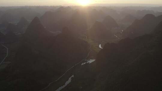 广西鹅泉河风景区日出航拍4K视频