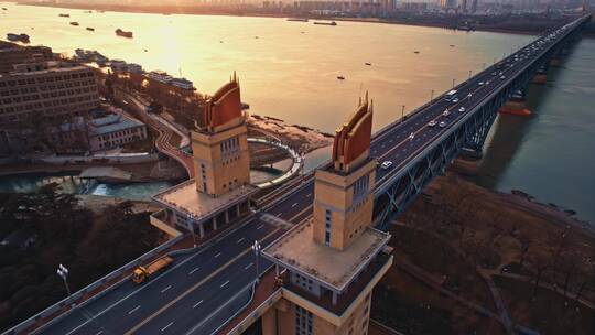 航拍夕阳下的南京长江大桥集锦二