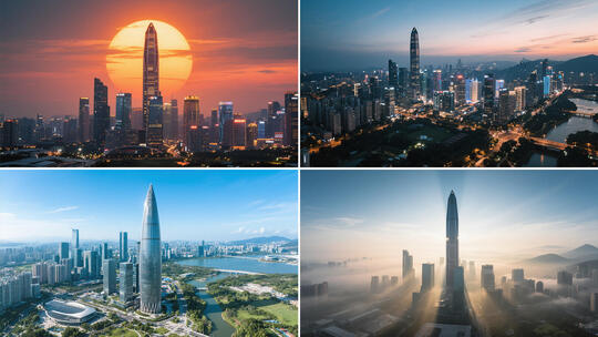 航拍深圳城市日出夜景cbd