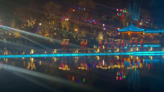 廊桥庭阁景区夜景亮化实景演艺高清在线视频素材下载