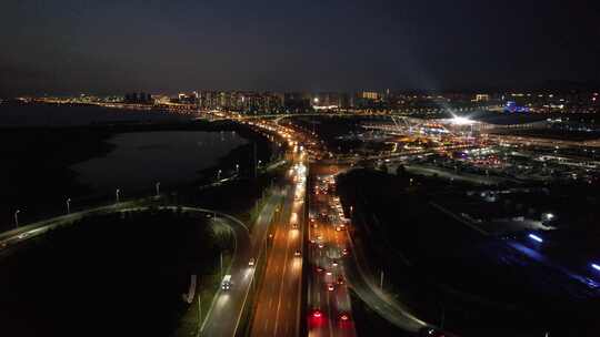 山东青岛城市夜幕降临夜景交通航拍 