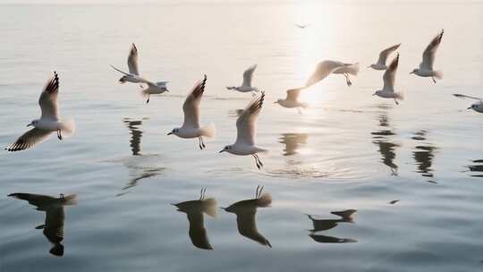 海面上海鸥飞翔景象