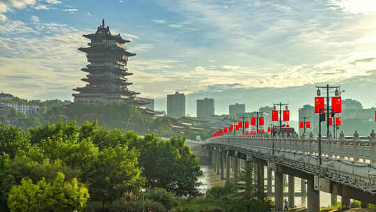 绵阳城市日出越王楼延时航拍