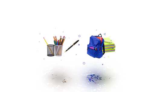 书包、铅笔、笔筒和便签纸的运动动画。