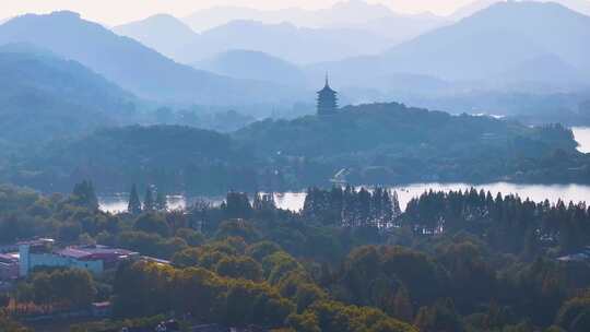 西湖雷峰塔景区大自然风光群山航拍杭州风景