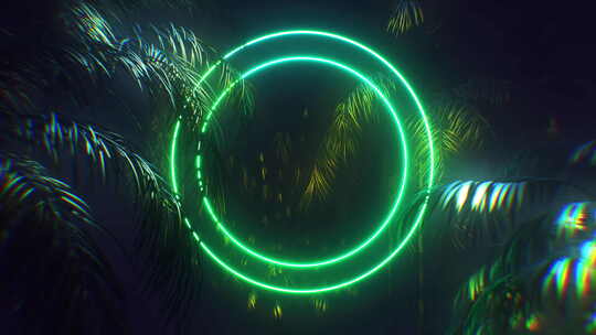 霓虹灯发光圈环绕着棕榈树环