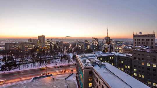 冬天，雪，黄昏，城市