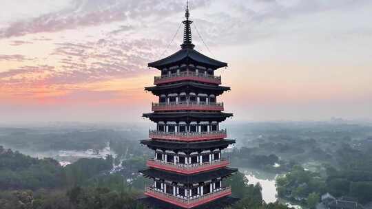 航拍扬州大明寺栖灵塔清晨朝阳云霞云雾云海