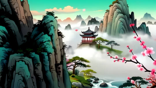 新国潮古风水墨云雾缭绕庭院山水风景合集