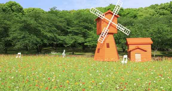 阳光风车森林草地野花盛开春光明媚