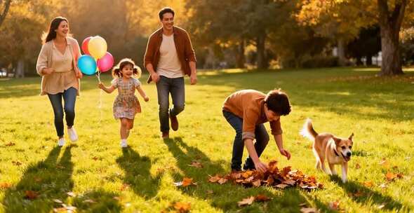 一家四口在公园嬉戏场景