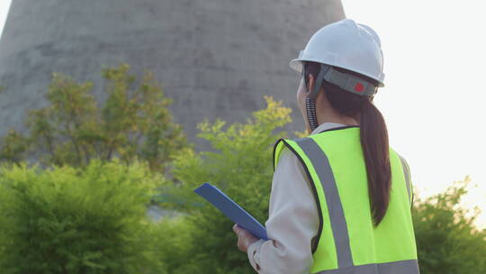 中国人女工程师戴建筑头盔工作记录