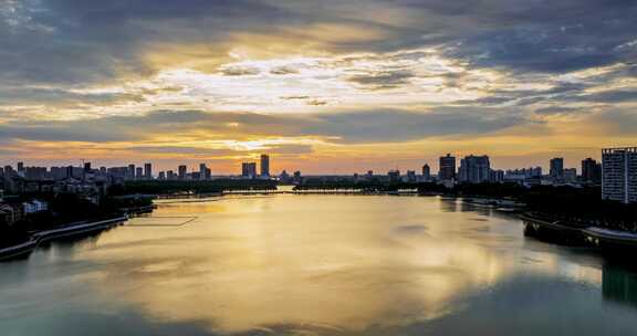 九江盛夏南门湖日落航拍延时