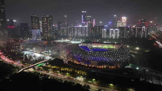 深圳湾体育中心体育场夜晚夜景航拍春茧体育视频素材模板下载