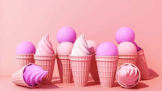 紫色牛奶冰淇淋与甜威化锥3d渲染动画循环