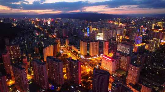 青海西宁晚霞夜景航拍